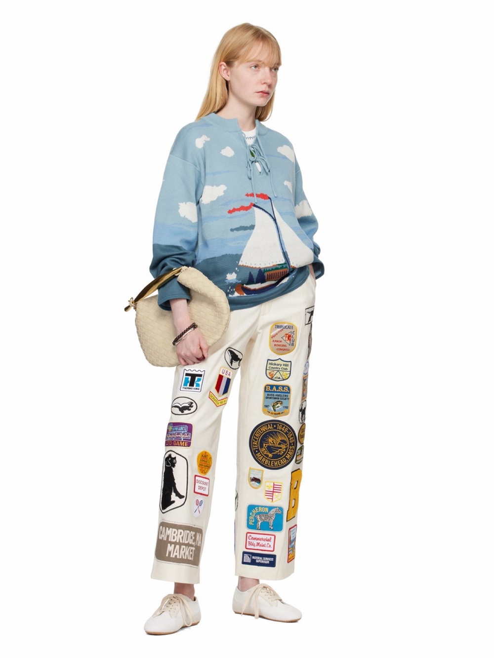 BODE Patch Pants White Cotton Graphic Wide Leg 32 Rare Unisex Appliqué NWT 🟠